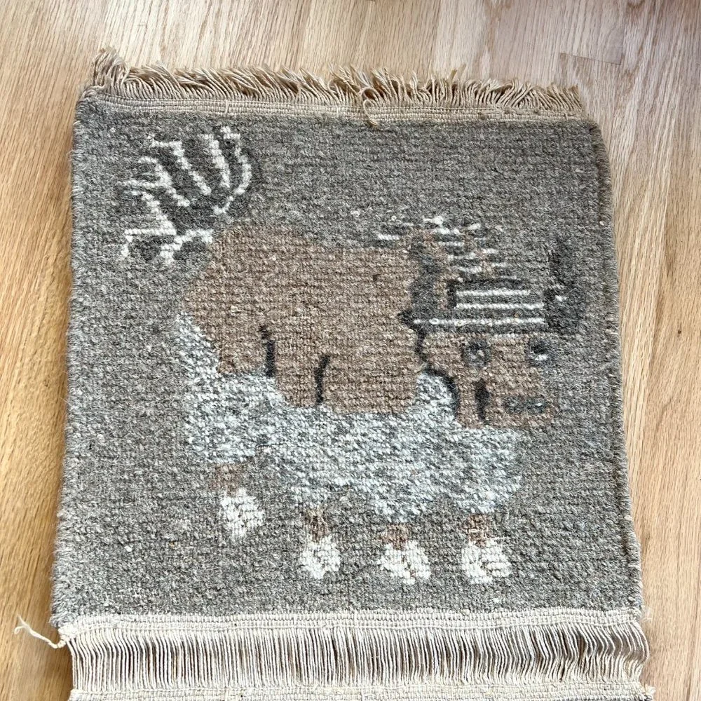 Mid Century Modern Wool Rug Wall Hanging Ox Water Buffalo with a Striped…